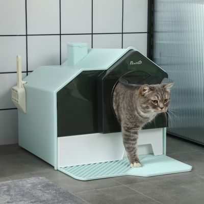 PawHut - Litière Chat avec Porte Battante, Pelle, Filtre et Tapis - bleu