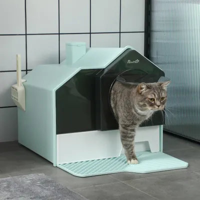 PawHut - Litière Chat avec Porte Battante, Pelle, Filtre et Tapis - bleu