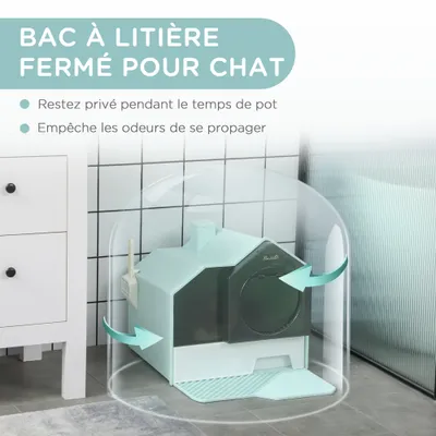 PawHut - Litière Chat avec Porte Battante, Pelle, Filtre et Tapis - bleu