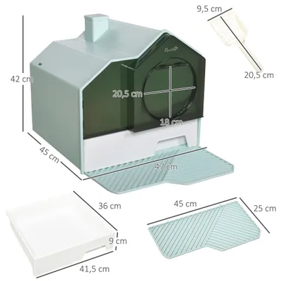 PawHut - Litière Chat avec Porte Battante, Pelle, Filtre et Tapis - bleu