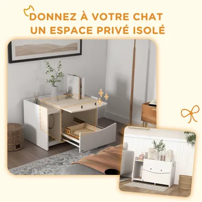 PawHut - Meuble Cache-Litière - Compartiment Coulissant, Aérations - Blanc