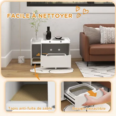 PawHut - Meuble Cache-Litière - Compartiment Coulissant, Aérations - Blanc