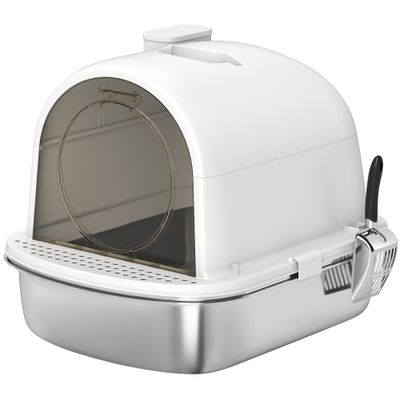 PawHut - Bac à Litière Fermé-pelle, couv. amov., porte, désod.-blanc