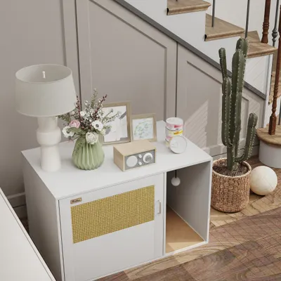 PawHut - Maison de toilette chat avec porte, griffoir, jeu boule-blanc