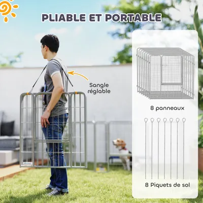 PawHut - Enclos chien 8 panneaux modulable pliable porte verrouillable-gris
