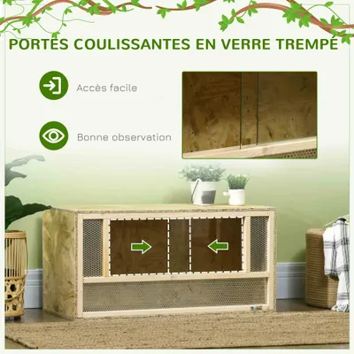 PawHut - Terrarium-2 portes couliss. verre trempé parois maillées - naturel