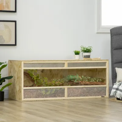 PawHut - Terrarium 2 portes couliss. verre trempé parois maillées - naturel
