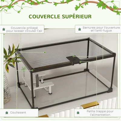 PawHut - Terrarium en verre - Couvercle coulissant verrouillable - noir