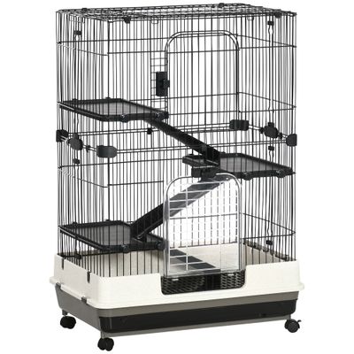 PawHut - Cage rongeur mobile 3 étages, 2 portes, trappe, bac - noir gris