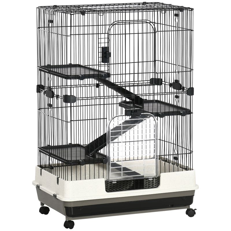 PawHut - Cage rongeur mobile 3 étages, 2 portes, trappe, bac - noir gris