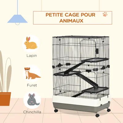 PawHut - Cage rongeur mobile 3 étages, 2 portes, trappe, bac - noir gris
