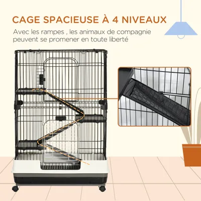 PawHut - Cage rongeur mobile 3 étages, 2 portes, trappe, bac - noir gris
