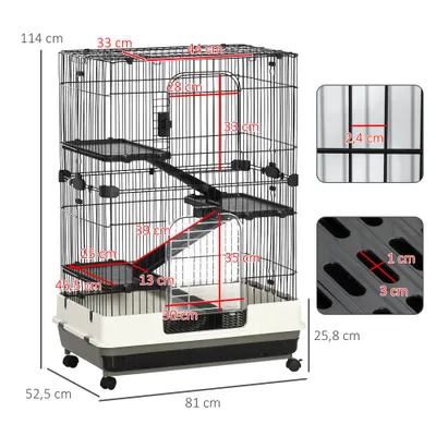 PawHut - Cage rongeur mobile 3 étages, 2 portes, trappe, bac - noir gris