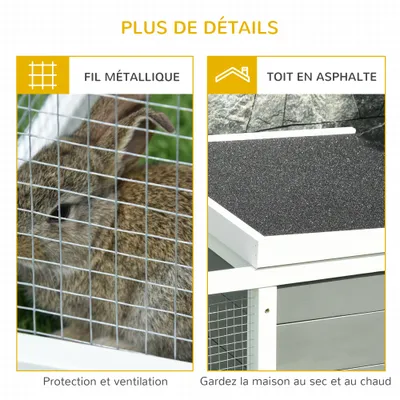 PawHut - Clapier porte double toit ouvrant grillage bois - gris blanc