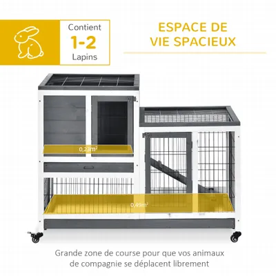 PawHut - Clapier à Lapin sur Roulettes  - gris blanc