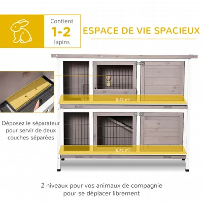 PawHut - Cage à Lapin Toit Ouvrant Trappe Amov 4 Portes Verr - Gris Blanc