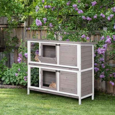 PawHut - Cage à Lapin Toit Ouvrant Trappe Amov 4 Portes Verr - Gris Blanc