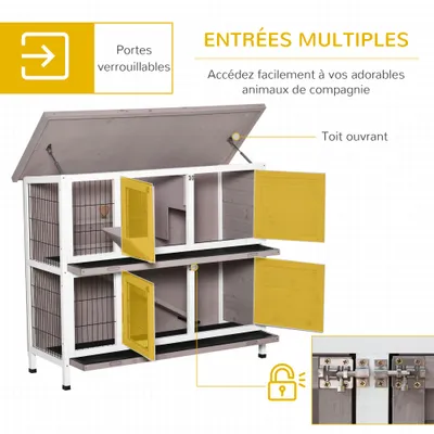 PawHut - Cage à Lapin Toit Ouvrant Trappe Amov 4 Portes Verr - Gris Blanc