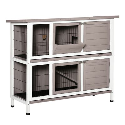 PawHut - Cage à Lapin Toit Ouvrant Trappe Amov 4 Portes Verr - Gris Blanc
