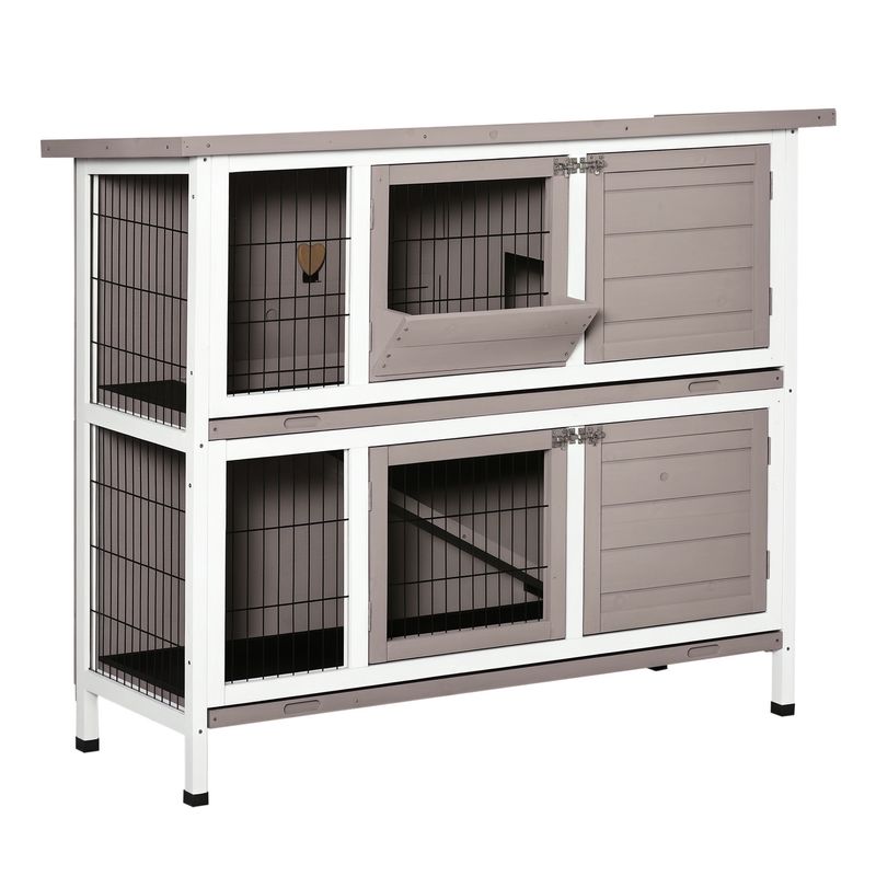 PawHut - Cage à Lapin Toit Ouvrant Trappe Amov 4 Portes Verr - Gris Blanc