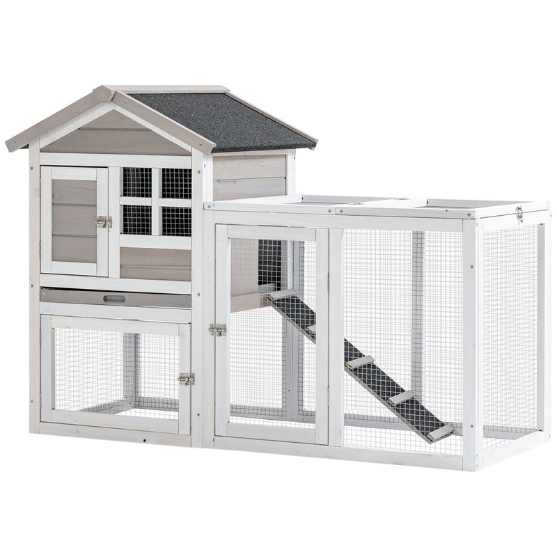 PawHut - Clapier cottage niche haute rampe enclos - blanc gris