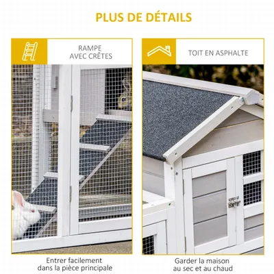 PawHut - Clapier cottage niche haute rampe enclos - blanc gris