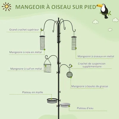 PawHut - Mangeoire à oiseaux avec 6 crochets H.226cm - noir
