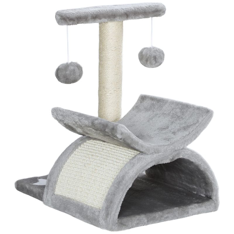 PawHut - Arbre à chat design-griffoir, jeu rotatif, panier, tunnel-gris