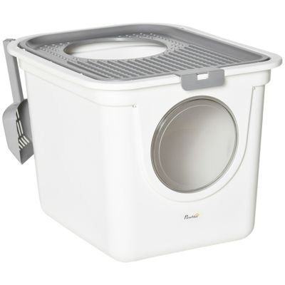 PawHut - Litière Chat Double Porte avec Pelle Incluse - blanc gris