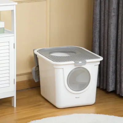 PawHut - Litière Chat Double Porte avec Pelle Incluse - blanc gris PawHut - Litière Chat Double Porte avec Pelle Incluse - blanc gris