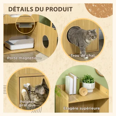 PawHut - Litière chat porte, niche coussinée, plateau - bois clair