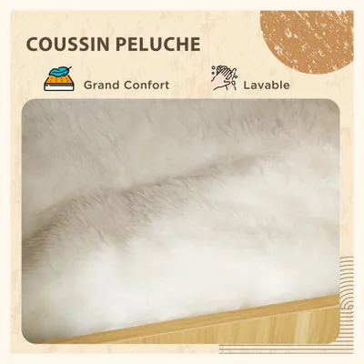 PawHut - Litière chat porte, niche coussinée, plateau - bois clair