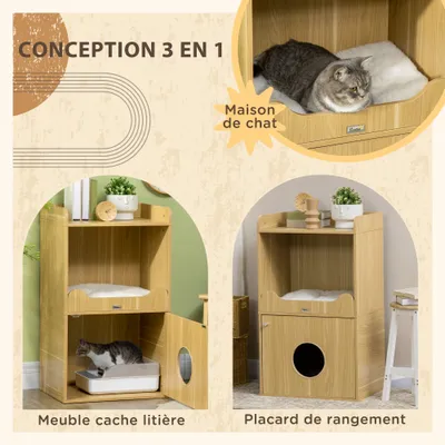 PawHut - Litière chat porte, niche coussinée, plateau - bois clair