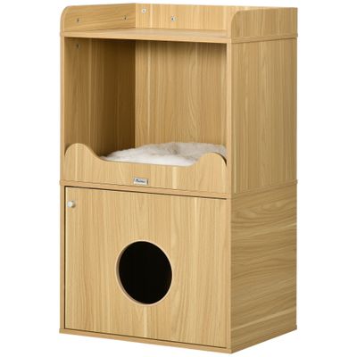 PawHut - Litière chat porte, niche coussinée, plateau - bois clair