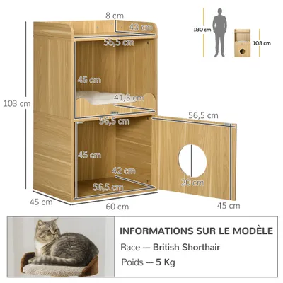 PawHut - Litière chat porte, niche coussinée, plateau - bois clair
