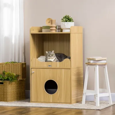 PawHut - Litière chat porte, niche coussinée, plateau - bois clair
