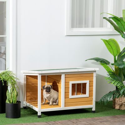 PawHut - Niche pour chien avec terrasse couverte et toit ouvrant - blanc