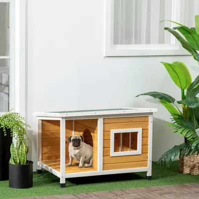 PawHut - Niche pour chien avec terrasse couverte et toit ouvrant - blanc