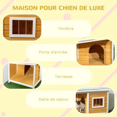 PawHut - Niche pour chien avec terrasse couverte et toit ouvrant - blanc