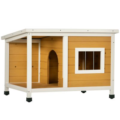PawHut - Niche pour chien avec terrasse couverte et toit ouvrant - blanc