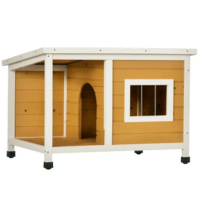 PawHut - Niche pour chien avec terrasse couverte et toit ouvrant - blanc PawHut - Niche pour chien avec terrasse couverte et toit ouvrant - blanc