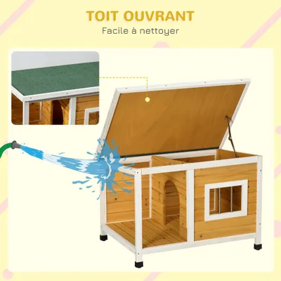 PawHut - Niche pour chien avec terrasse couverte et toit ouvrant - blanc