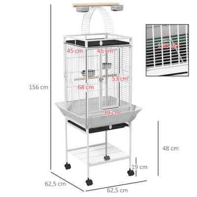 PawHut - Cage oiseaux à roulettes et plateau coulissant H.156cm-blanc