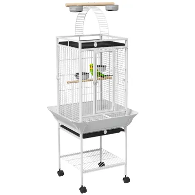 PawHut - Cage oiseaux à roulettes et plateau coulissant H.156cm-blanc PawHut - Cage oiseaux à roulettes et plateau coulissant H.156cm-blanc