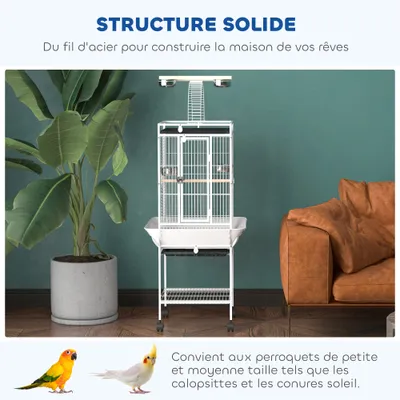 PawHut - Cage oiseaux à roulettes et plateau coulissant H.156cm-blanc