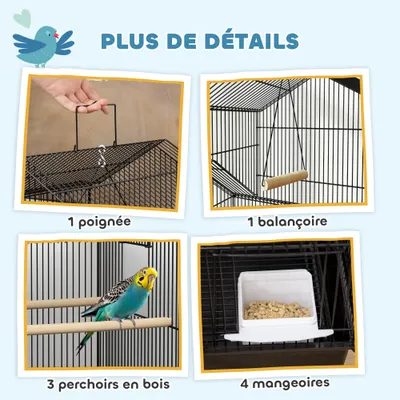 PawHut - Cage à oiseaux avec roulettes, mangeoires, perchoirs et balançoire