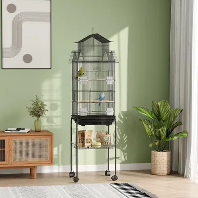 PawHut - Cage à oiseaux avec roulettes, mangeoires, perchoirs et balançoire