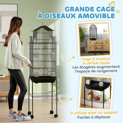 PawHut - Cage à oiseaux avec roulettes, mangeoires, perchoirs et balançoire