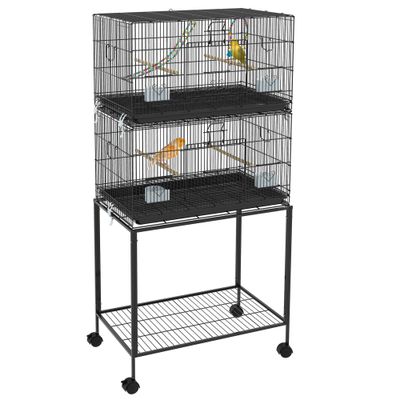 PawHut - Double cage à oiseaux avec roulettes et accessoires H.164cm - noir