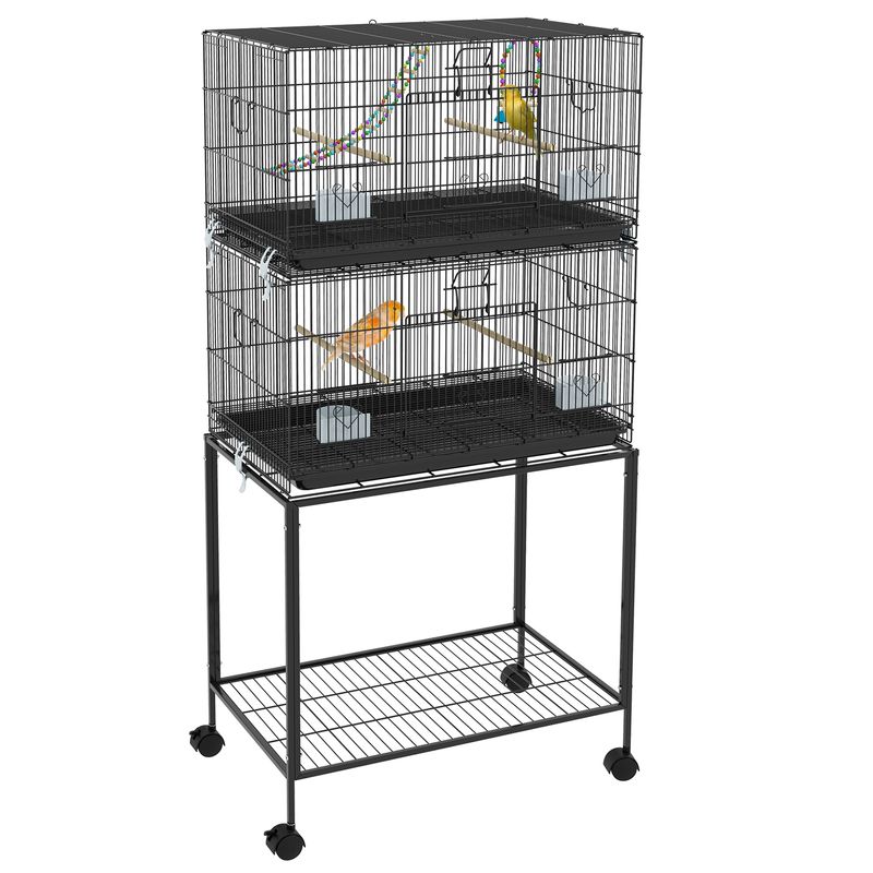 PawHut - Double cage à oiseaux avec roulettes et accessoires H.164cm - noir